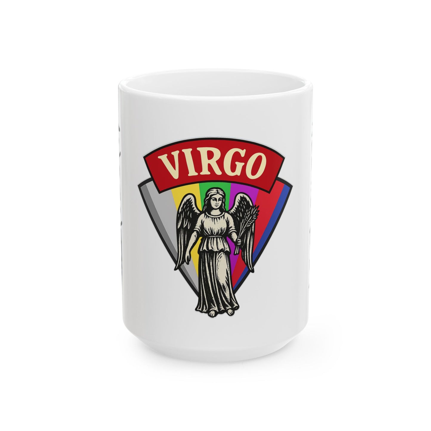 White mug with Virgo zodiac design on a white background