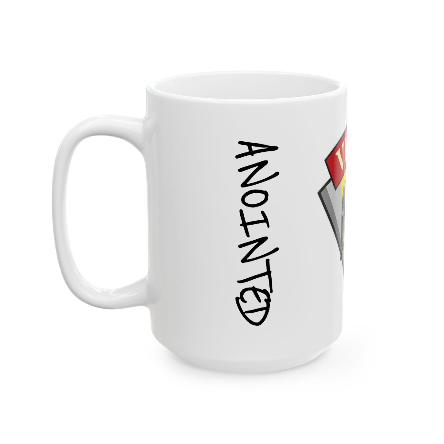 White mug with 'ANOINTED' text and a cross design on a white background