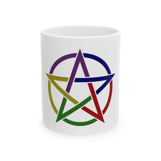 11oz white ceramic mug with a vibrant rainbow pentacle symbol on the front, representing the 5 elements.