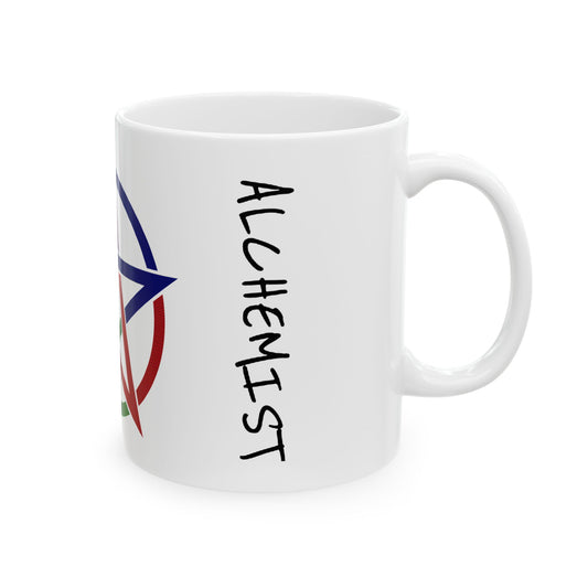 Side of the 11oz mug featuring the word “ALCHEMIST” in black, vertically aligned.