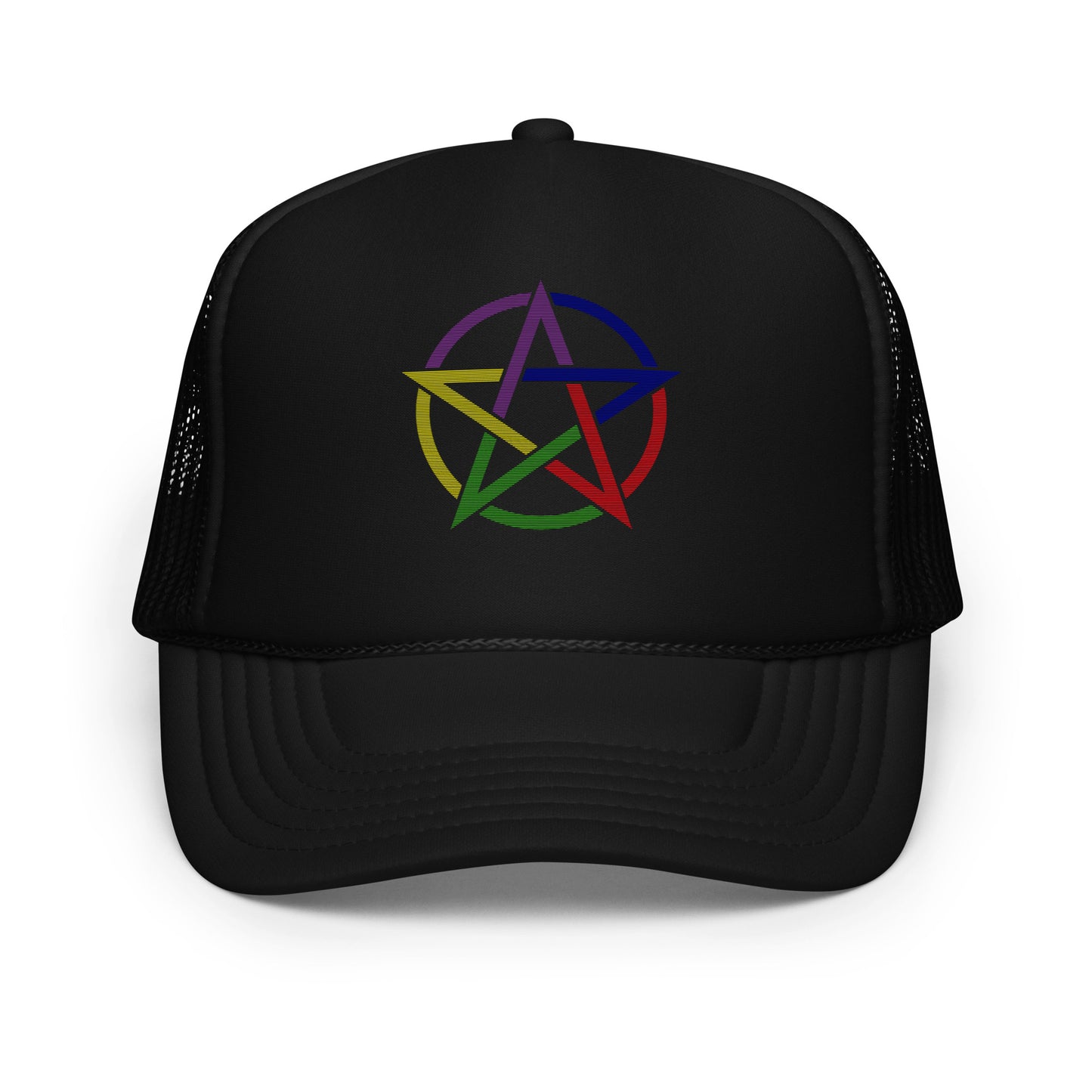 Front view of 5 Star Elemental Trucker Cap in all black with multicolor pentacle design
