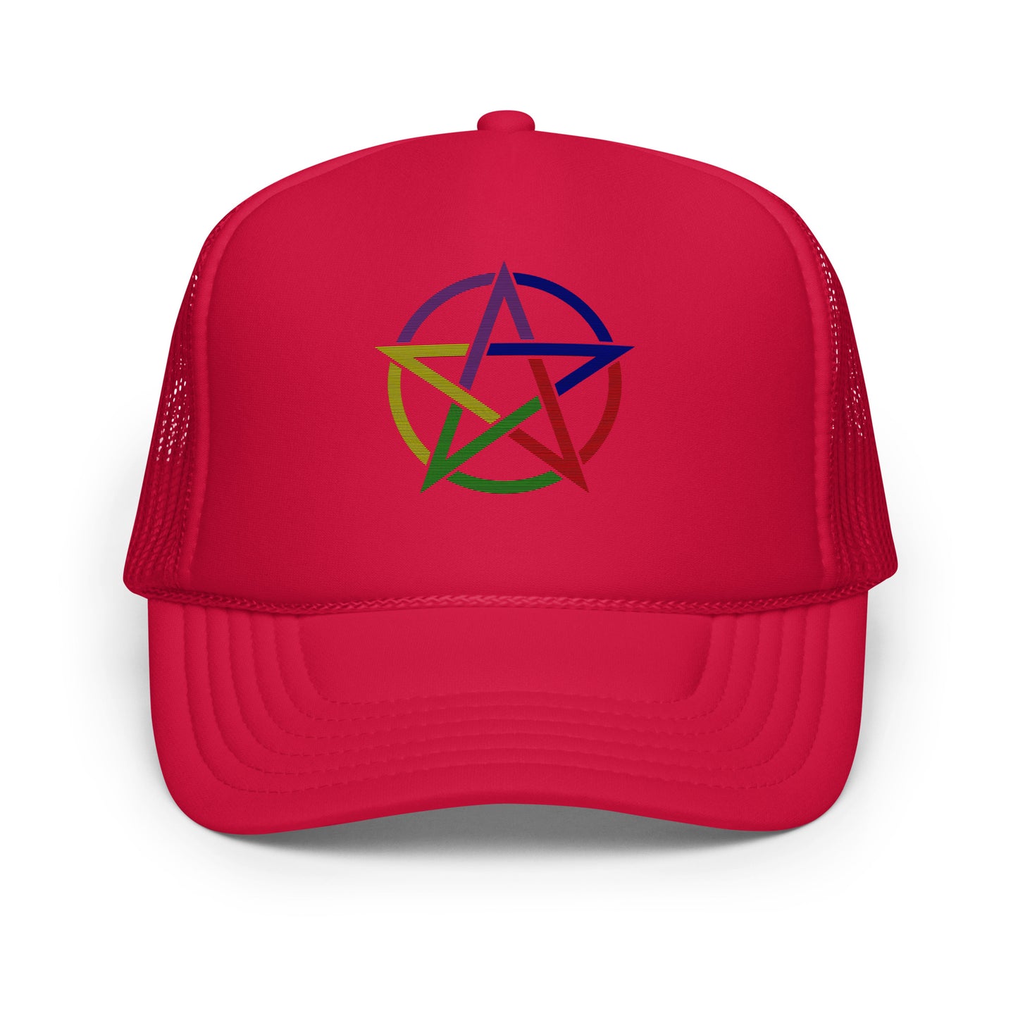 Front view of all red 5 Star Elemental Trucker Cap featuring 5-point elemental pentacle