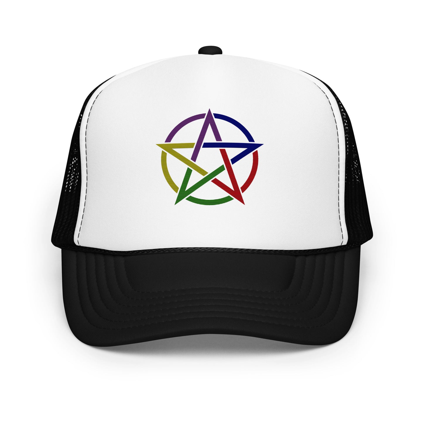 Front view of 5 Star Elemental Trucker Cap in black and white with colorful pentacle