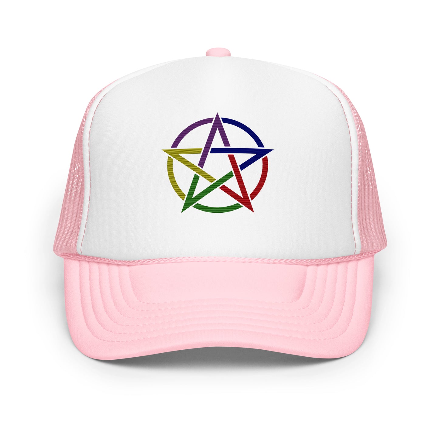 Front view of 5 Star Elemental Trucker Cap in pink and white with rainbow pentacle symbol
