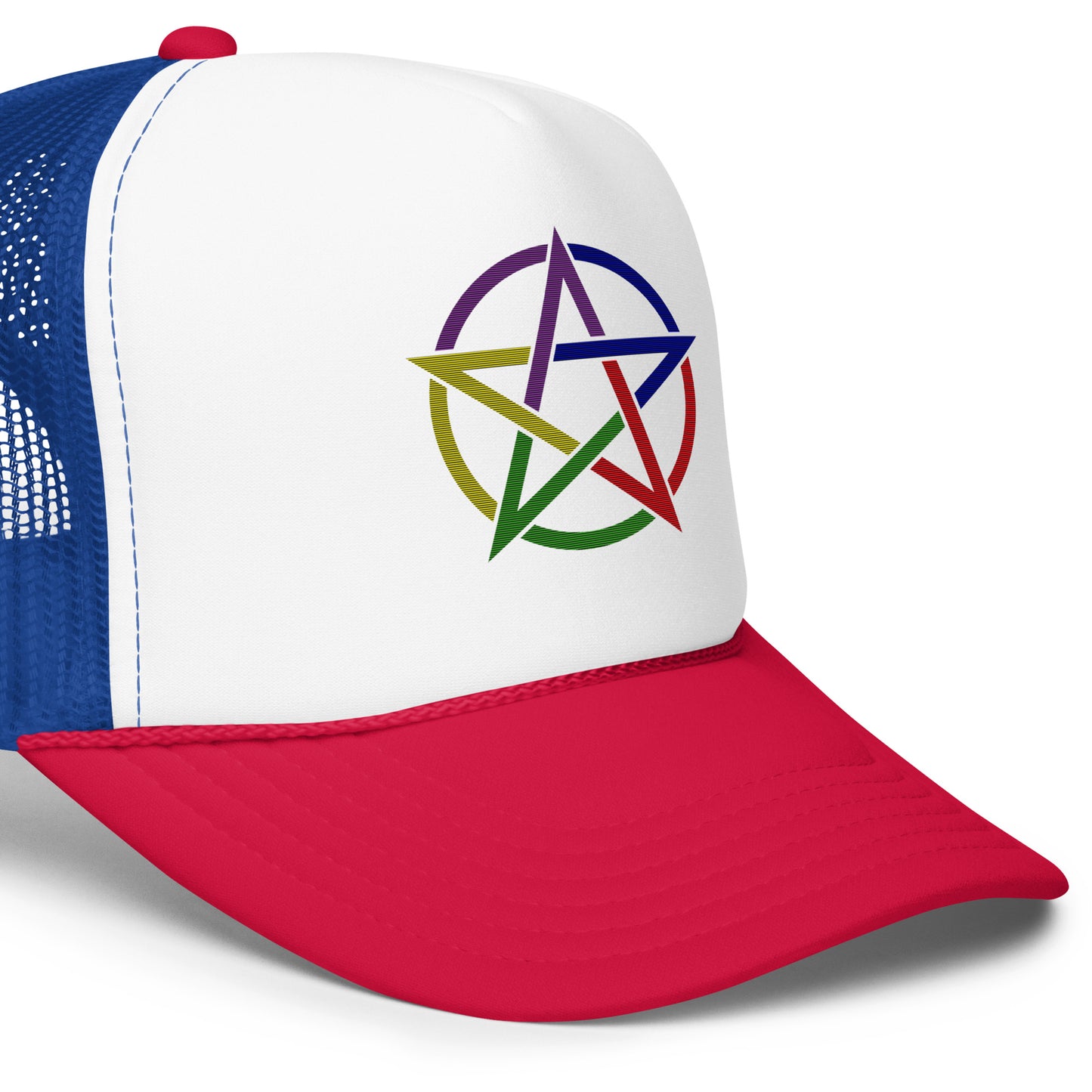 Angled front view of red and blue 5 Star Elemental Trucker Cap showing pentacle design