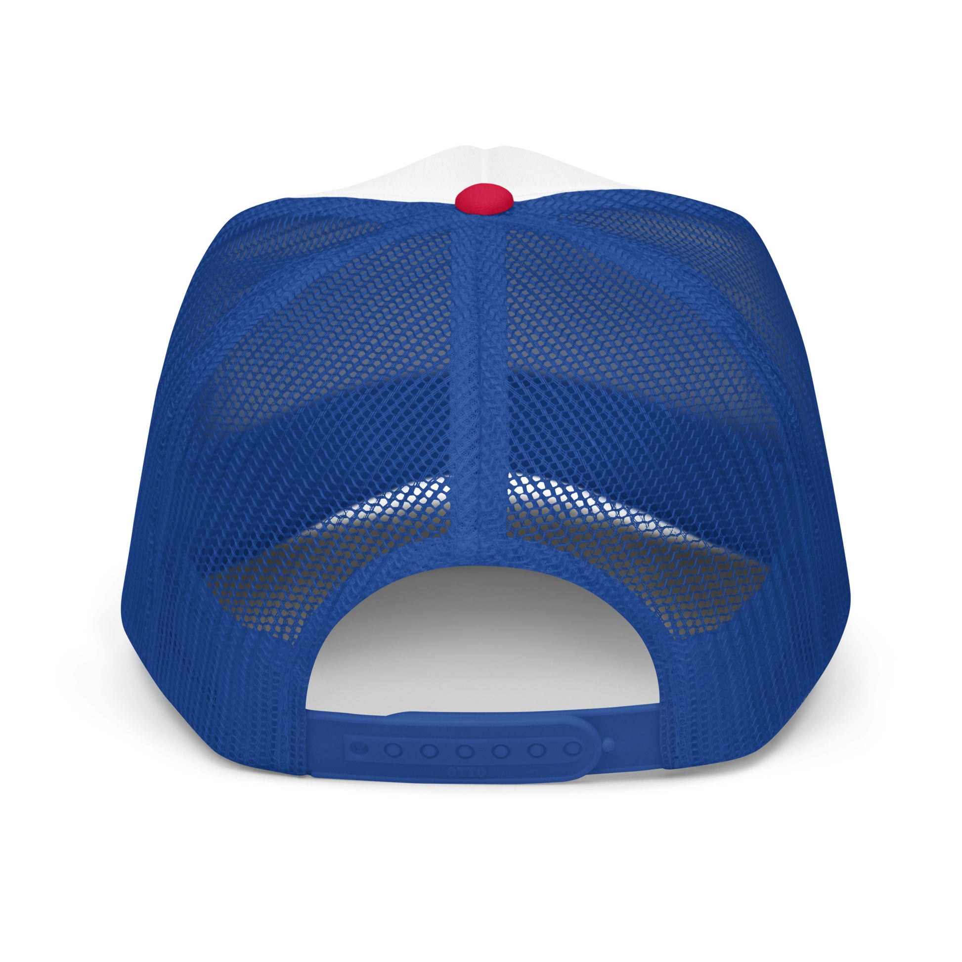 Back view of red and blue mesh 5 Star Elemental Trucker Cap with adjustable snap