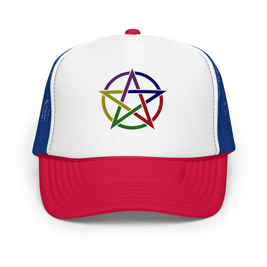 Front view of 5 Star Elemental Trucker Cap in red and blue with colorful pentacle design
