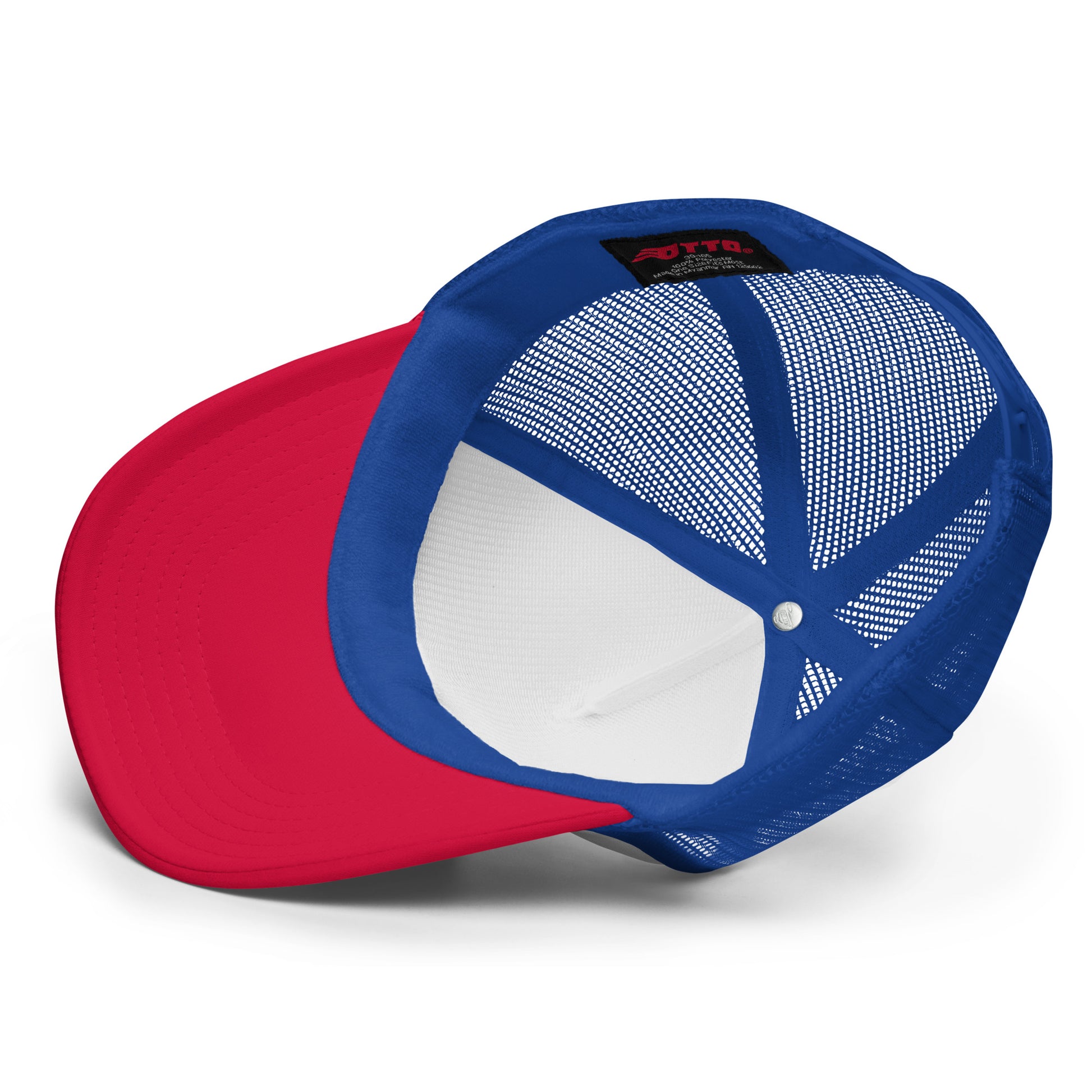 Inside view of red and blue 5 Star Elemental Trucker Cap showing foam front and mesh back