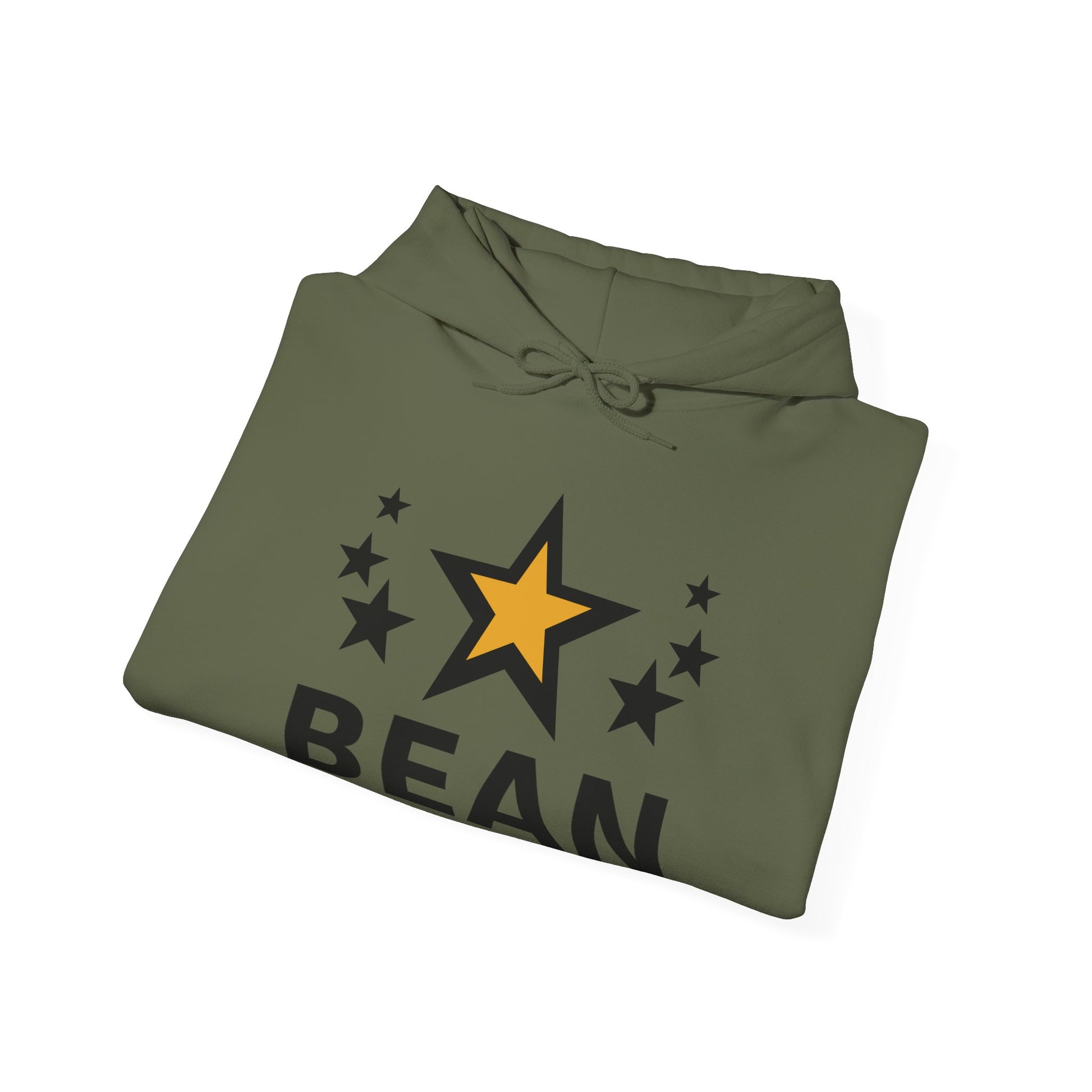 Folded green hoodie with star and 'BEAN' text design on a white background