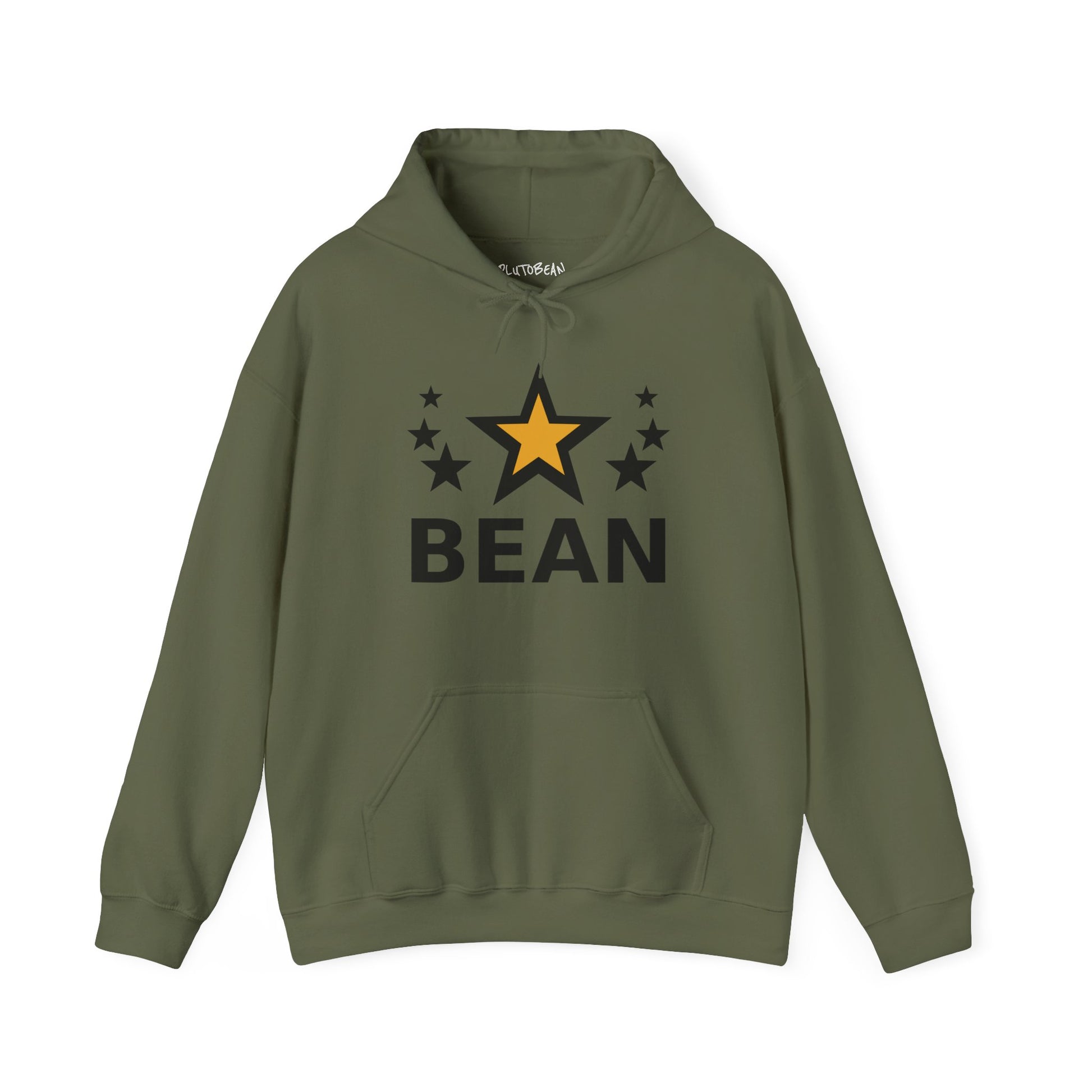 Green hoodie with star and 'BEAN' text design on a white background
