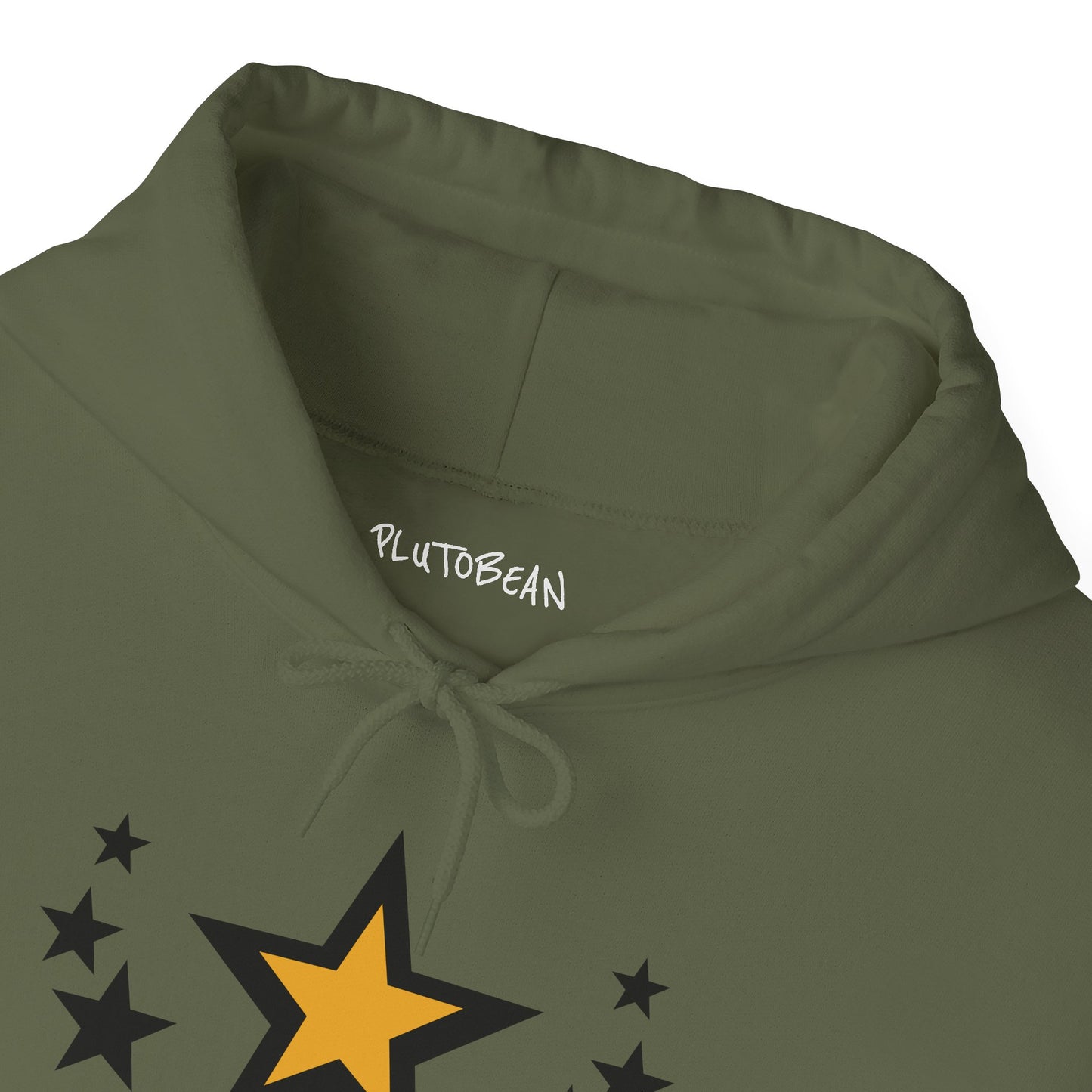 Green hoodie with yellow star and black stars, featuring 'PLUTOBEAN' branding.