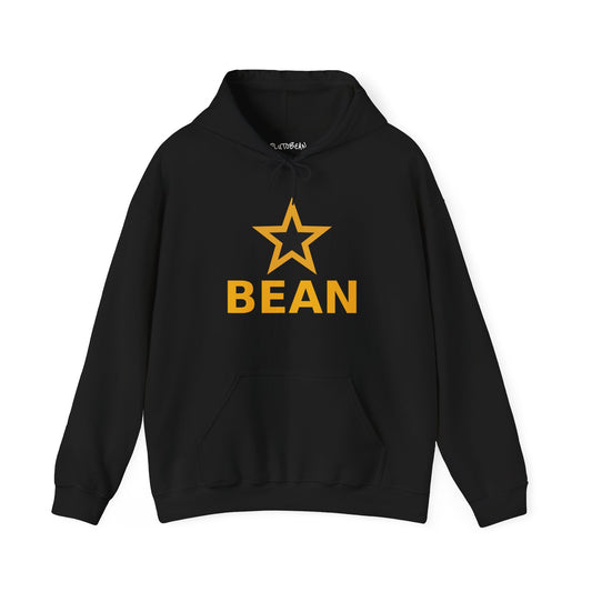 Black hoodie with yellow star and 'BEAN' text on a white background