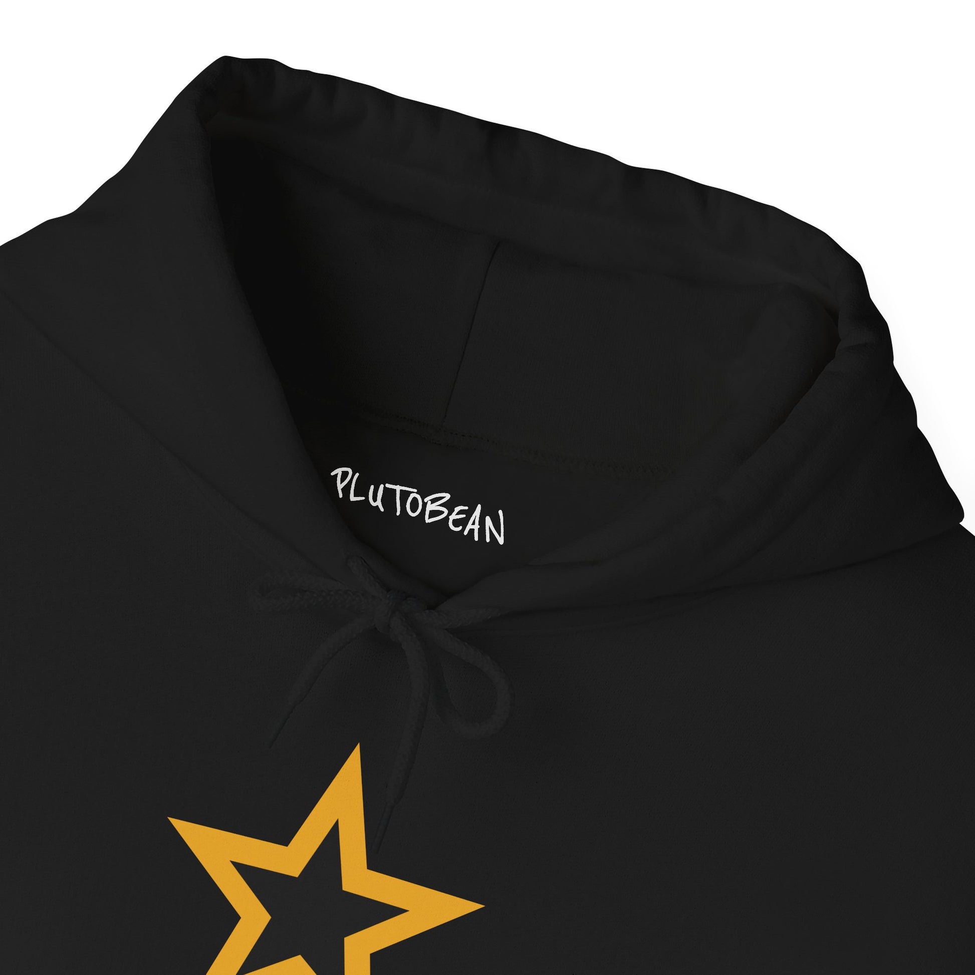 Black hoodie with yellow star design and 'PLUTOBEAN' branding on a white background