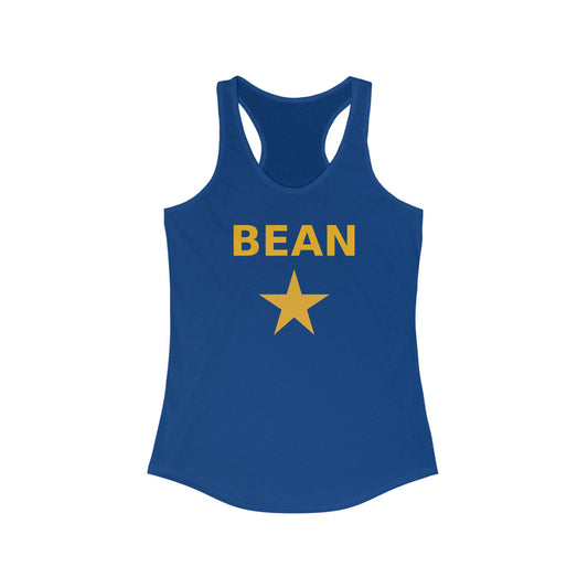 Blue tank top with yellow 'BEAN' text and star on a white background