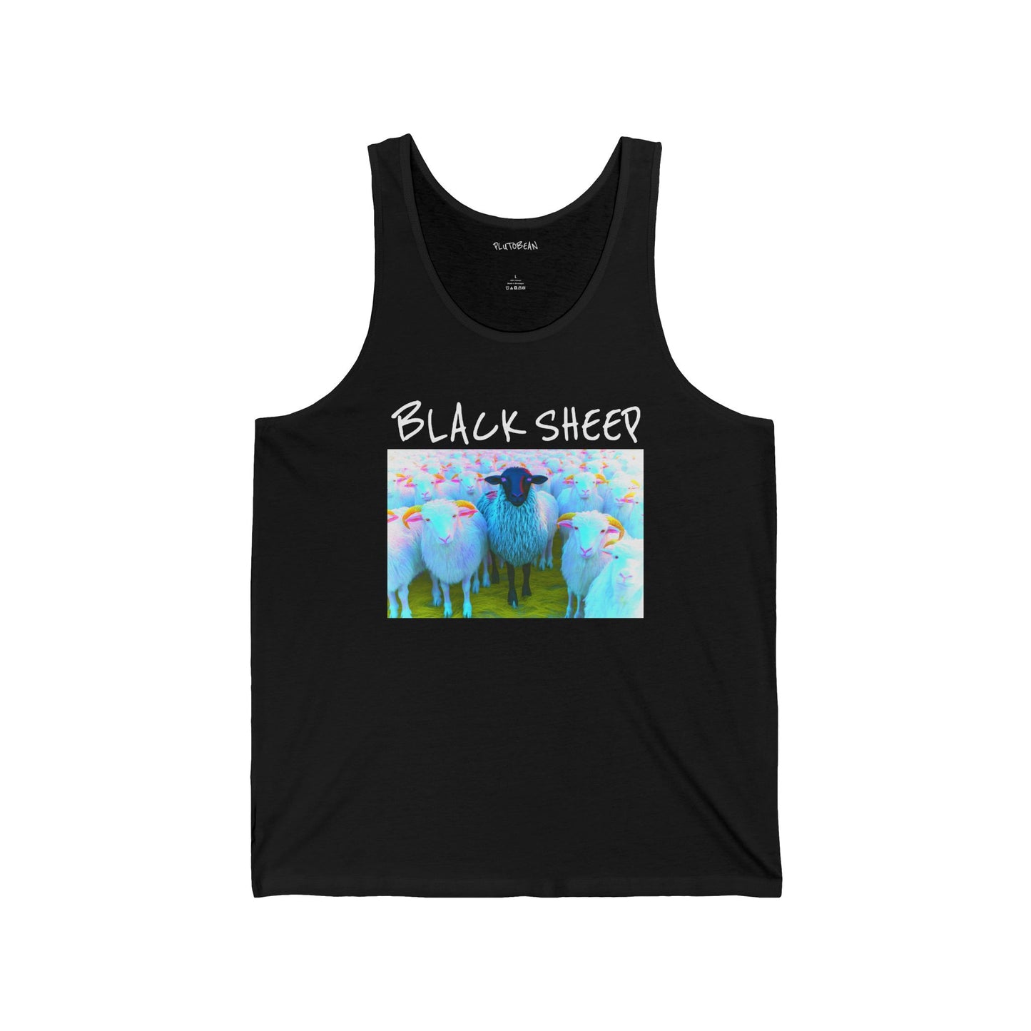 Black tank top with 'Black Sheep' graphic design featuring sheep in a field.