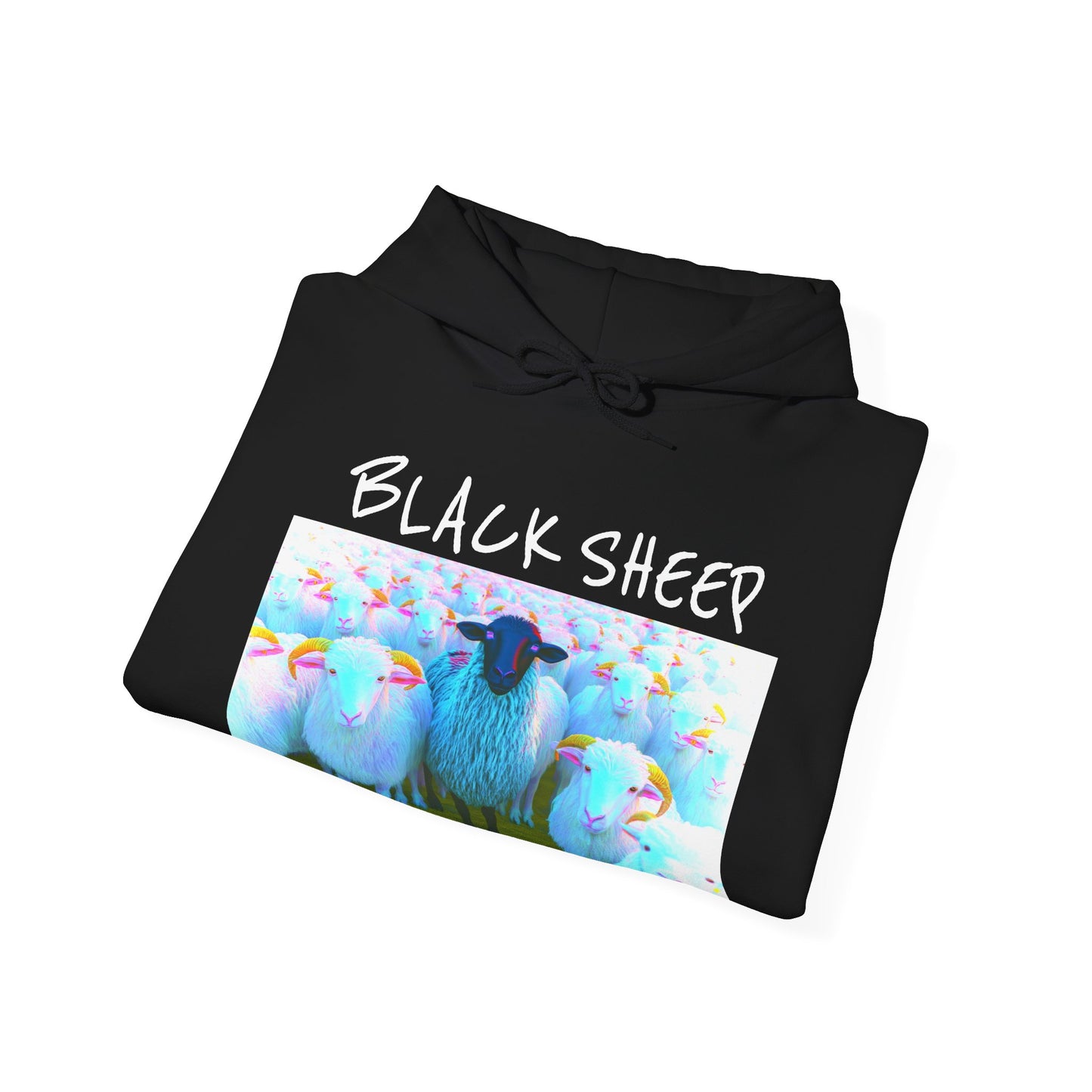 Black hoodie with a colorful sheep design and 'Black Sheep' text on a white background