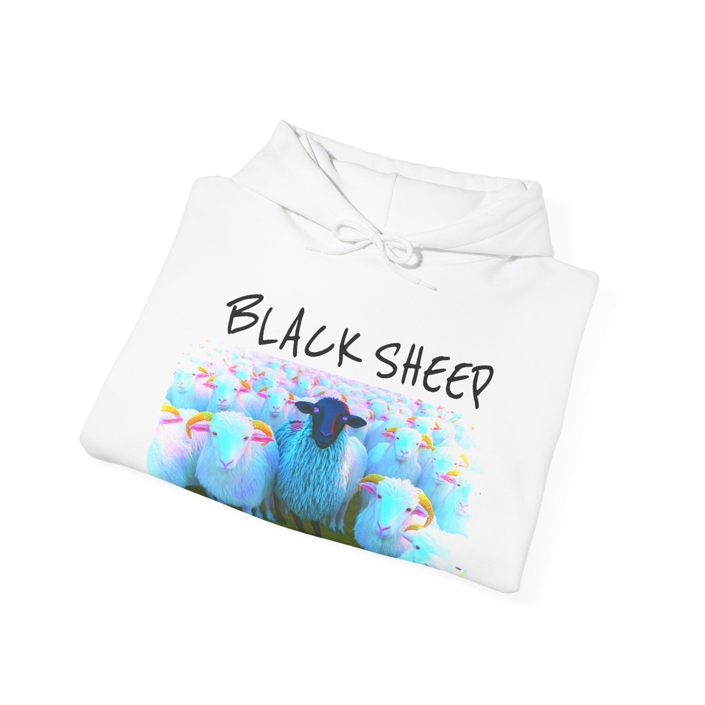 Folded hoodie with 'Black Sheep' design on a white background