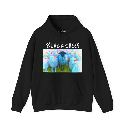 Black hoodie with a graphic of sheep and the text 'Black Sheep' on a white background