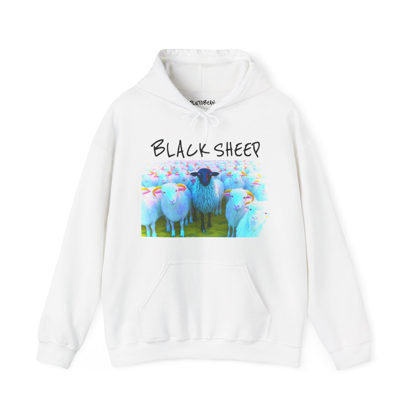 White hoodie with a graphic of sheep and the text 'Black Sheep' on a white background