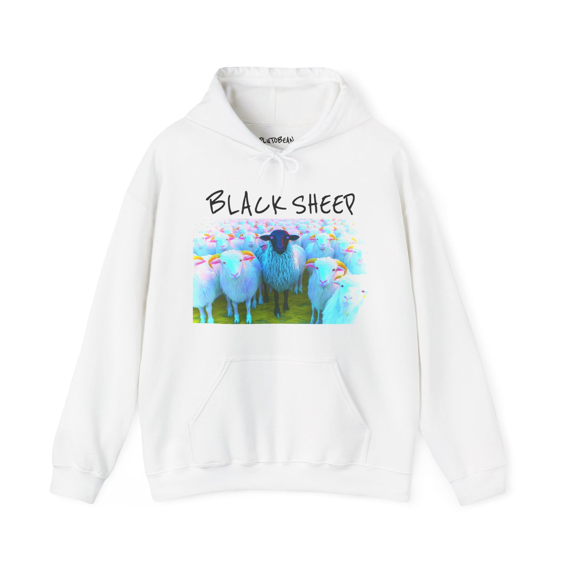 White hoodie with a graphic of sheep and the text 'Black Sheep' on a white background