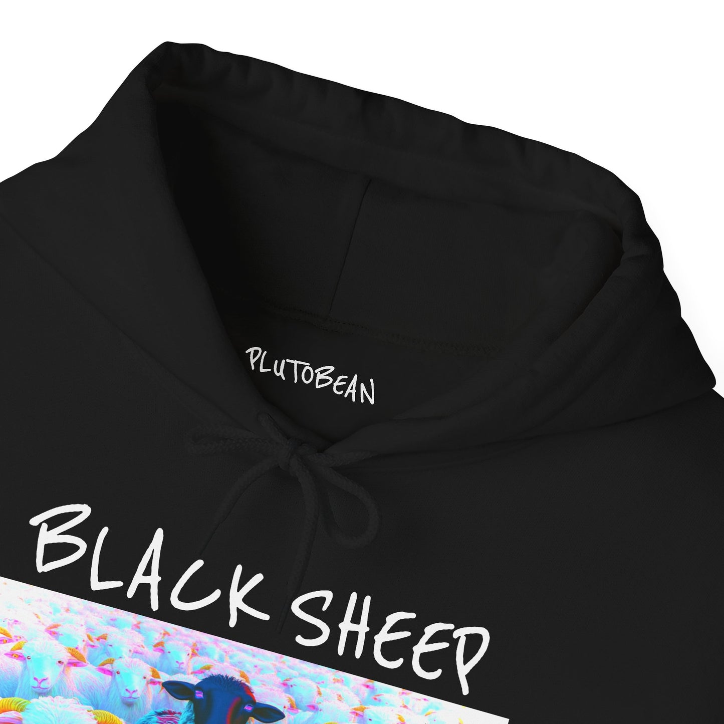 Black hoodie with 'PLUTOBEAN' branding and 'BLACK SHEEP' text, featuring a colorful sheep design.
