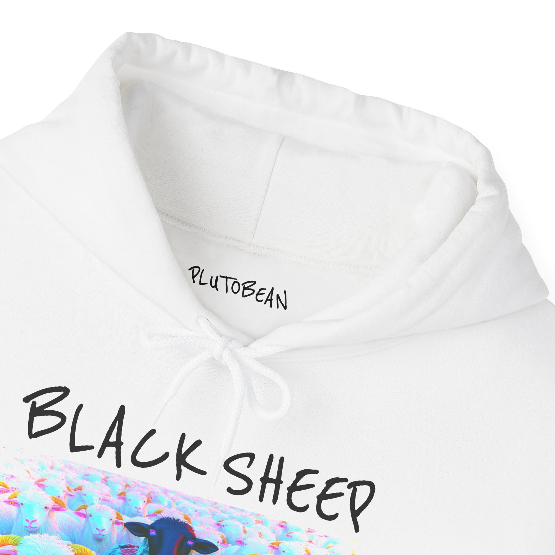 White hoodie with 'PLUTOBEAN' text on the chest and 'BLACK SHEEP' text on the sleeve, featuring a colorful sheep design.