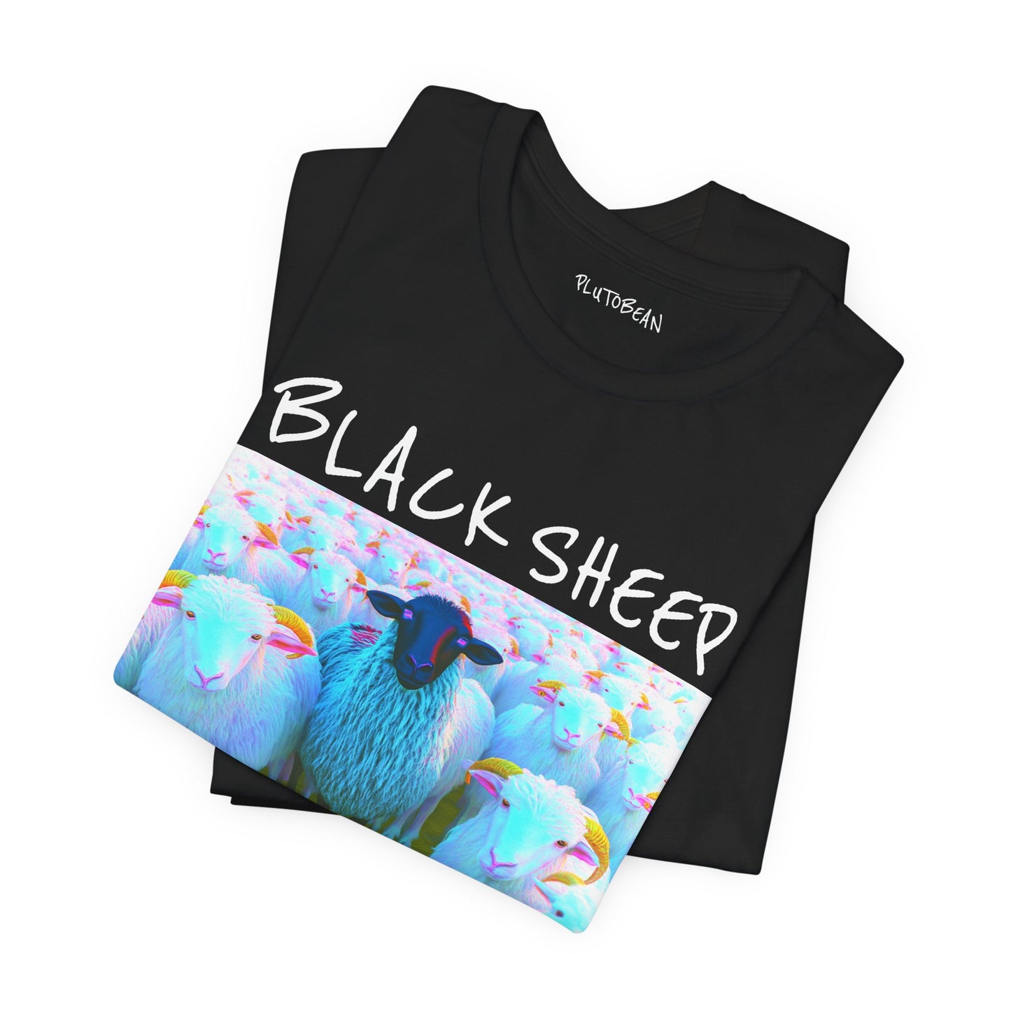 Black t-shirt with colorful sheep design and 'Black Sheep' text on a white background