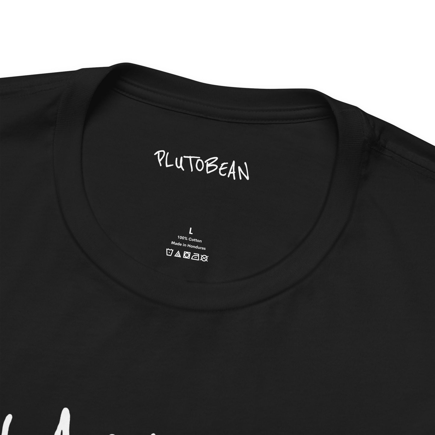 Black t-shirt with 'PLUTOBEAN' branding on a white background