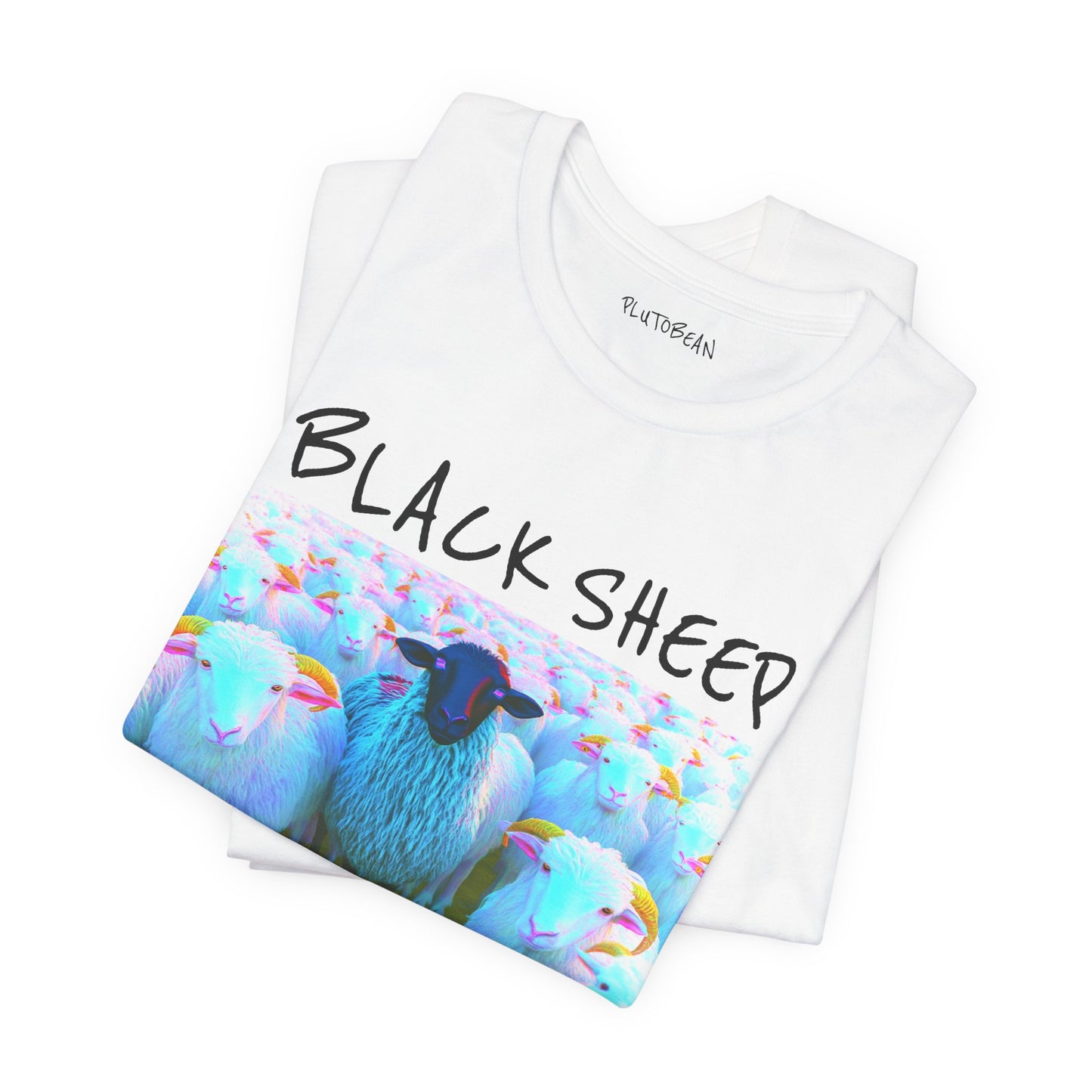 Folded t-shirt with 'Black Sheep' text and colorful sheep design on a white background