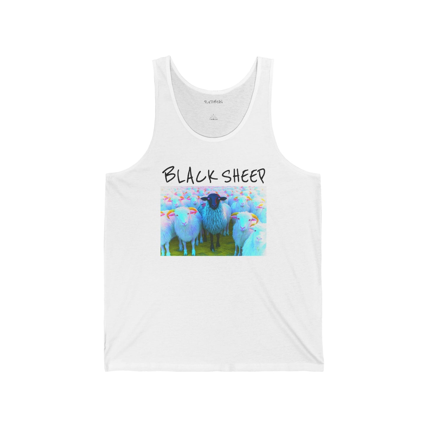 White tank top with 'Black Sheep' graphic design on a white background
