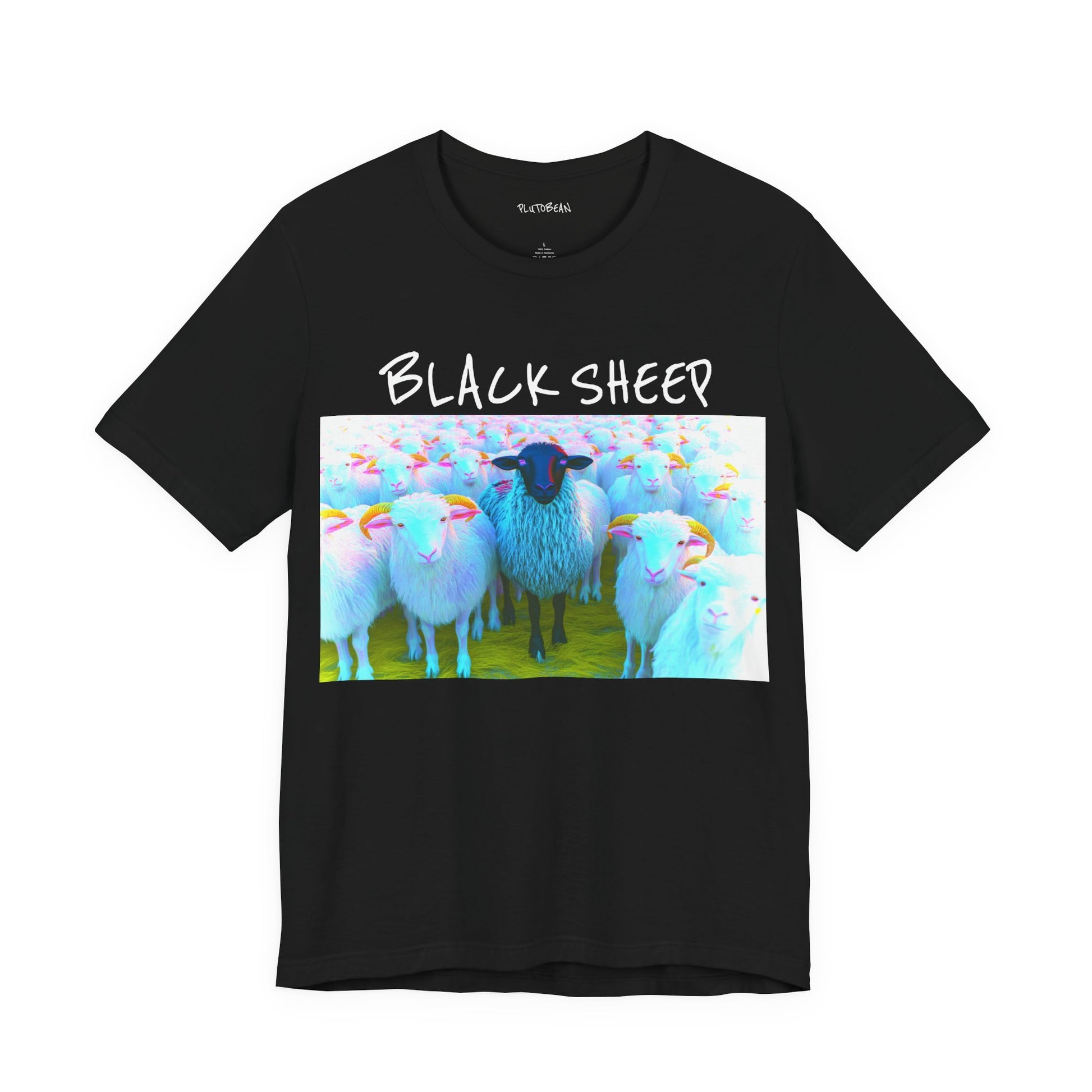 Black t-shirt with a graphic of a black sheep among white sheep and the text 'Black Sheep'.