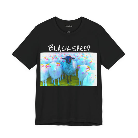 Black t-shirt with a graphic of a black sheep among white sheep and the text 'Black Sheep'.