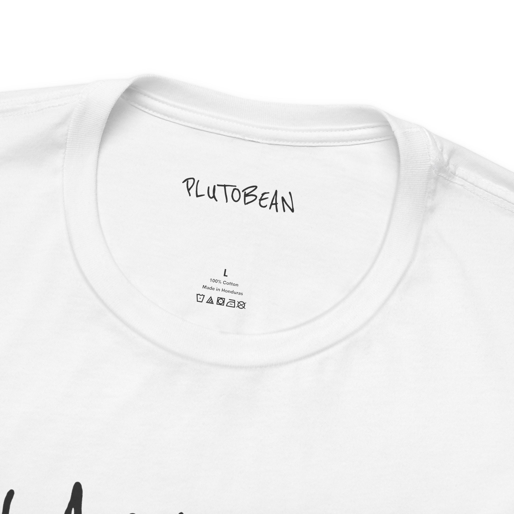 White t-shirt with 'PLUTOBEAN' branding on a white background