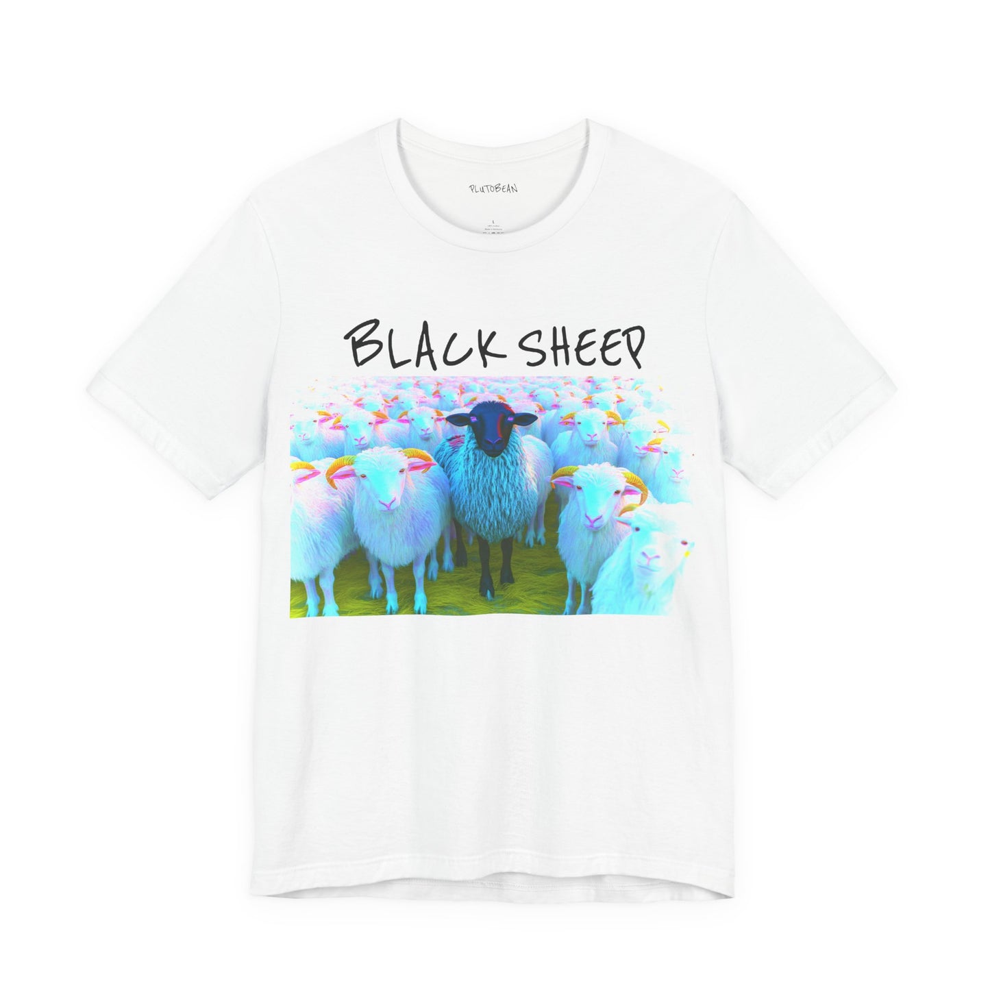 White t-shirt with colorful sheep graphic and 'Black Sheep' text on a white background
