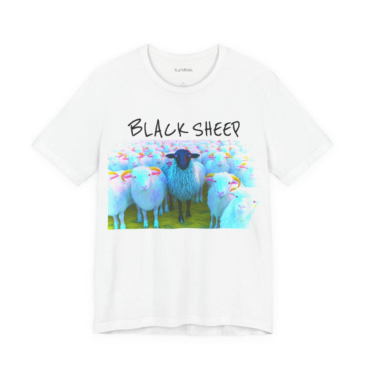 White t-shirt with colorful sheep graphic and 'Black Sheep' text on a white background