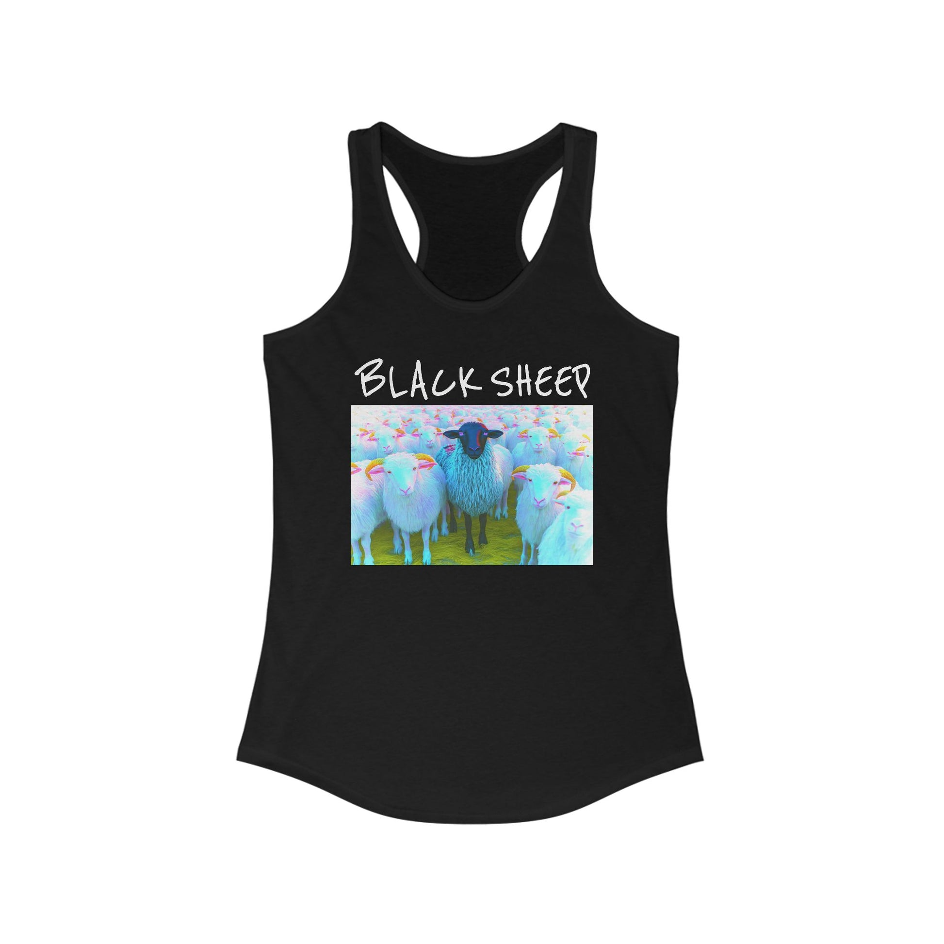 Black tank top with a graphic of three sheep and the text 'Black Sheep' on a white background