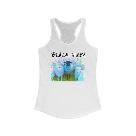White tank top with a graphic of sheep and the text 'Black Sheep' on a white background