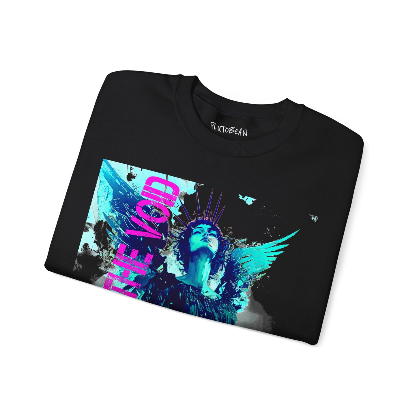Black t-shirt with colorful graphic design on a white background