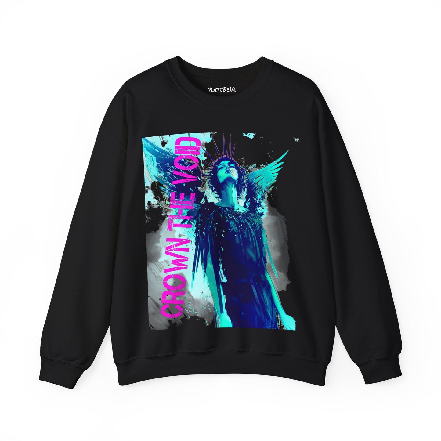 Black sweatshirt with a graphic design of a person in a blue outfit and 'Crown the Void' text on a white background