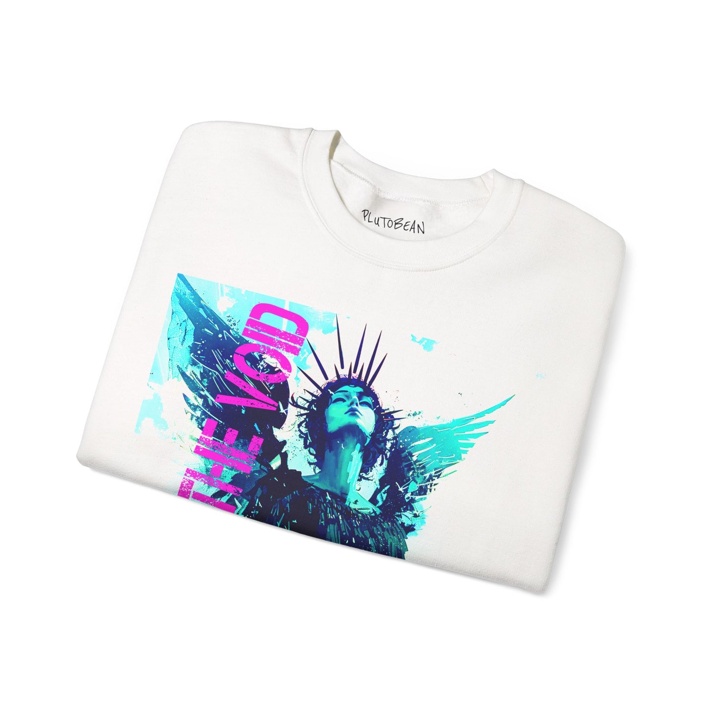 Folded white t-shirt with colorful graphic design on a white background