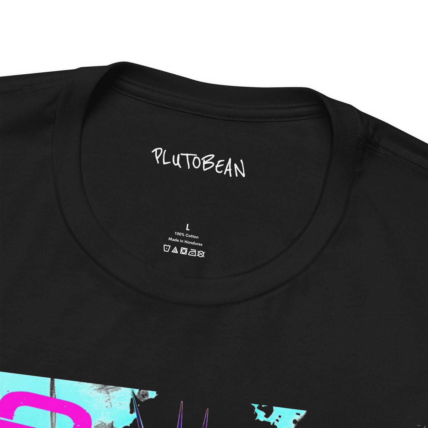 Black t-shirt with 'PLUTOBEAN' branding on a white background