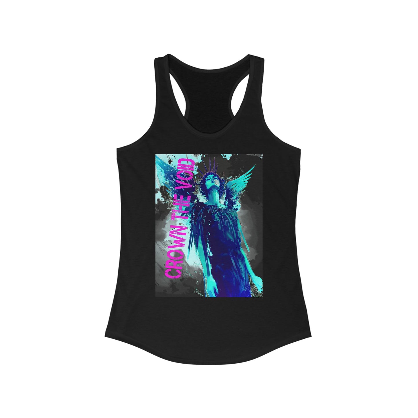 Black tank top with a graphic design on a white background