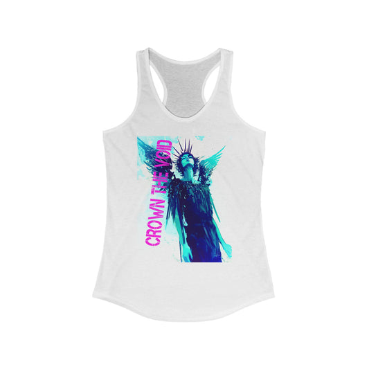 White tank top with colorful graphic design and text on a white background