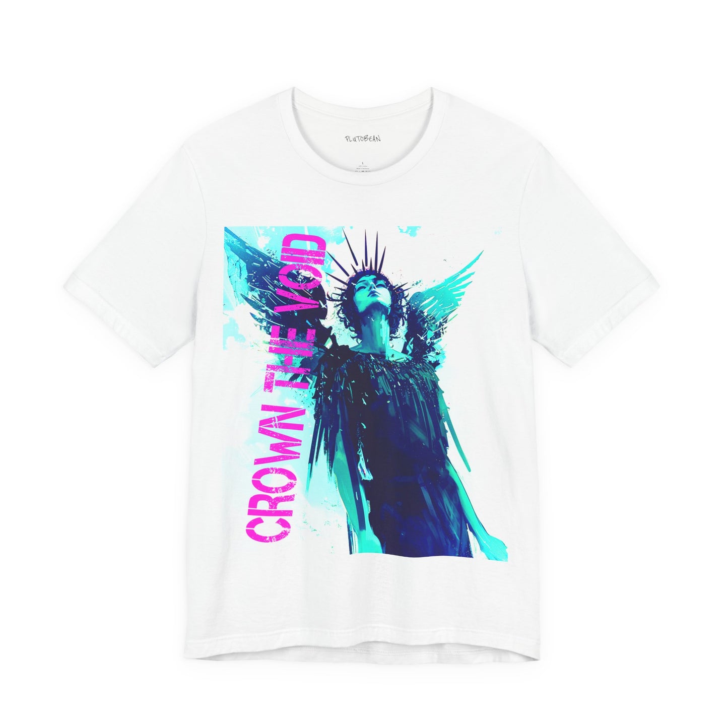 White t-shirt with graphic design and text 'Crown the Void' on a white background