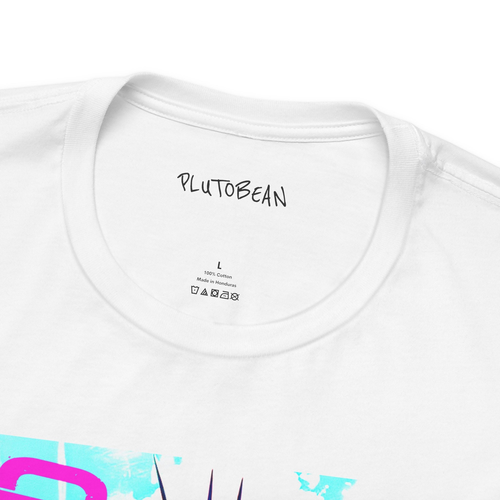 White t-shirt with 'PLUTOBEAN' branding on a white background