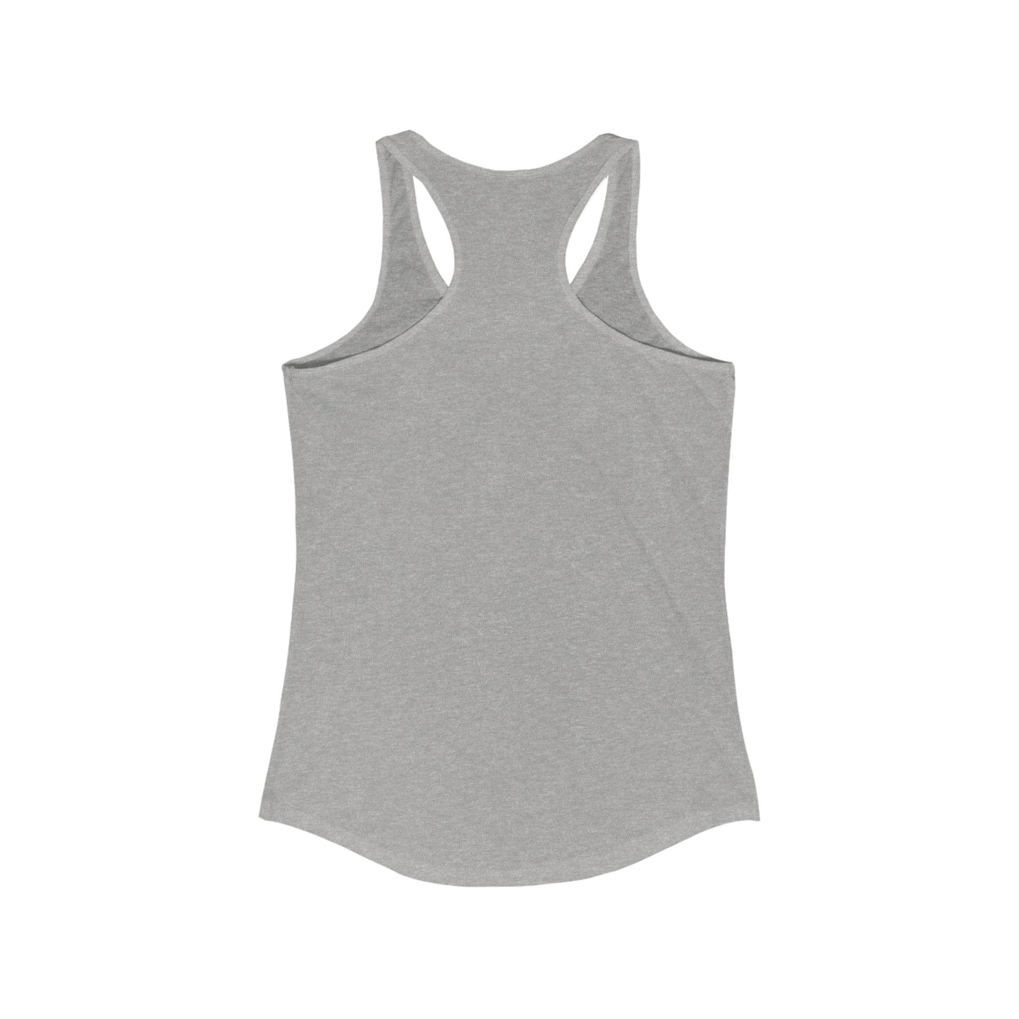 Back view of a heather gray racerback tank top with no visible design.