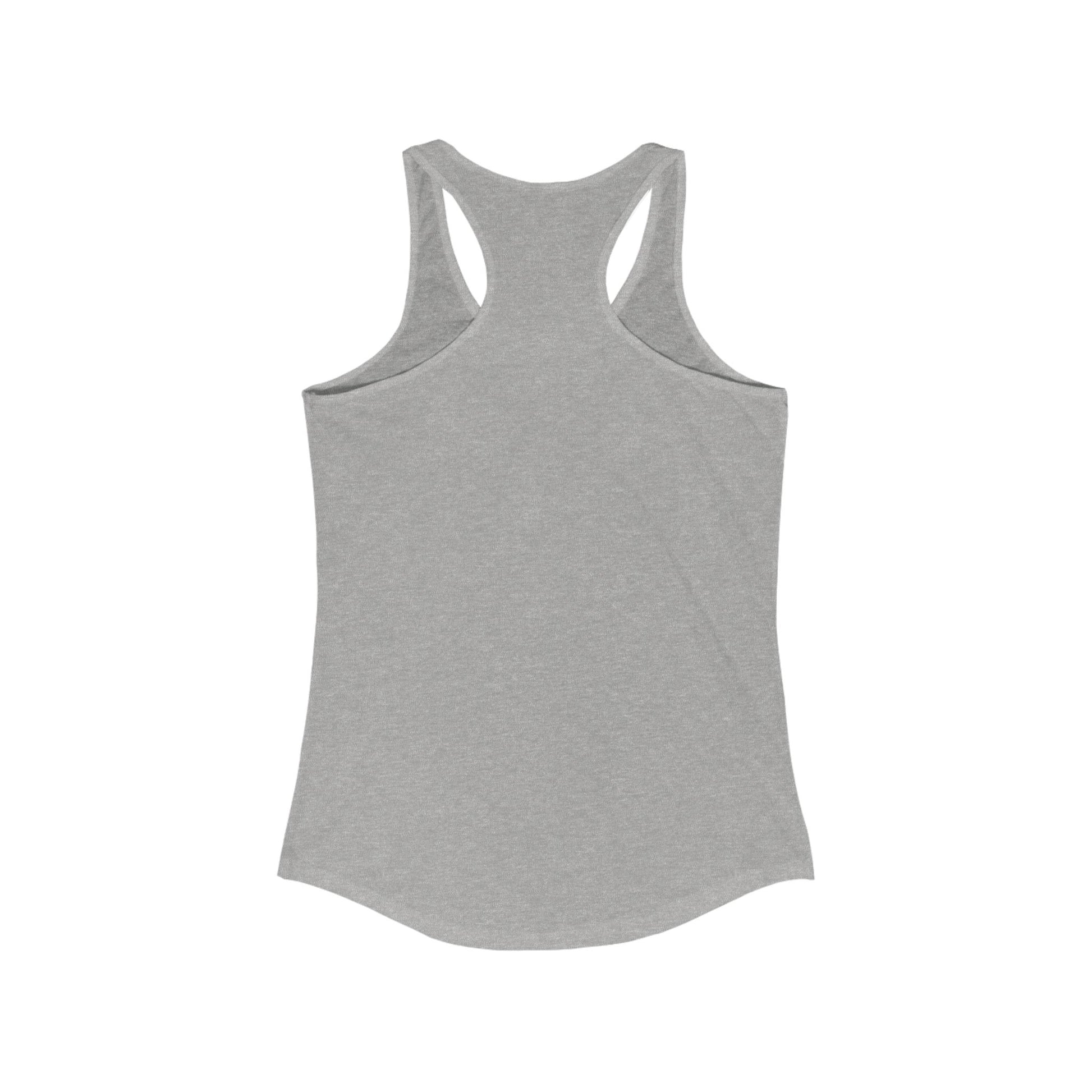 Back view of a heather gray racerback tank top with no visible design.
