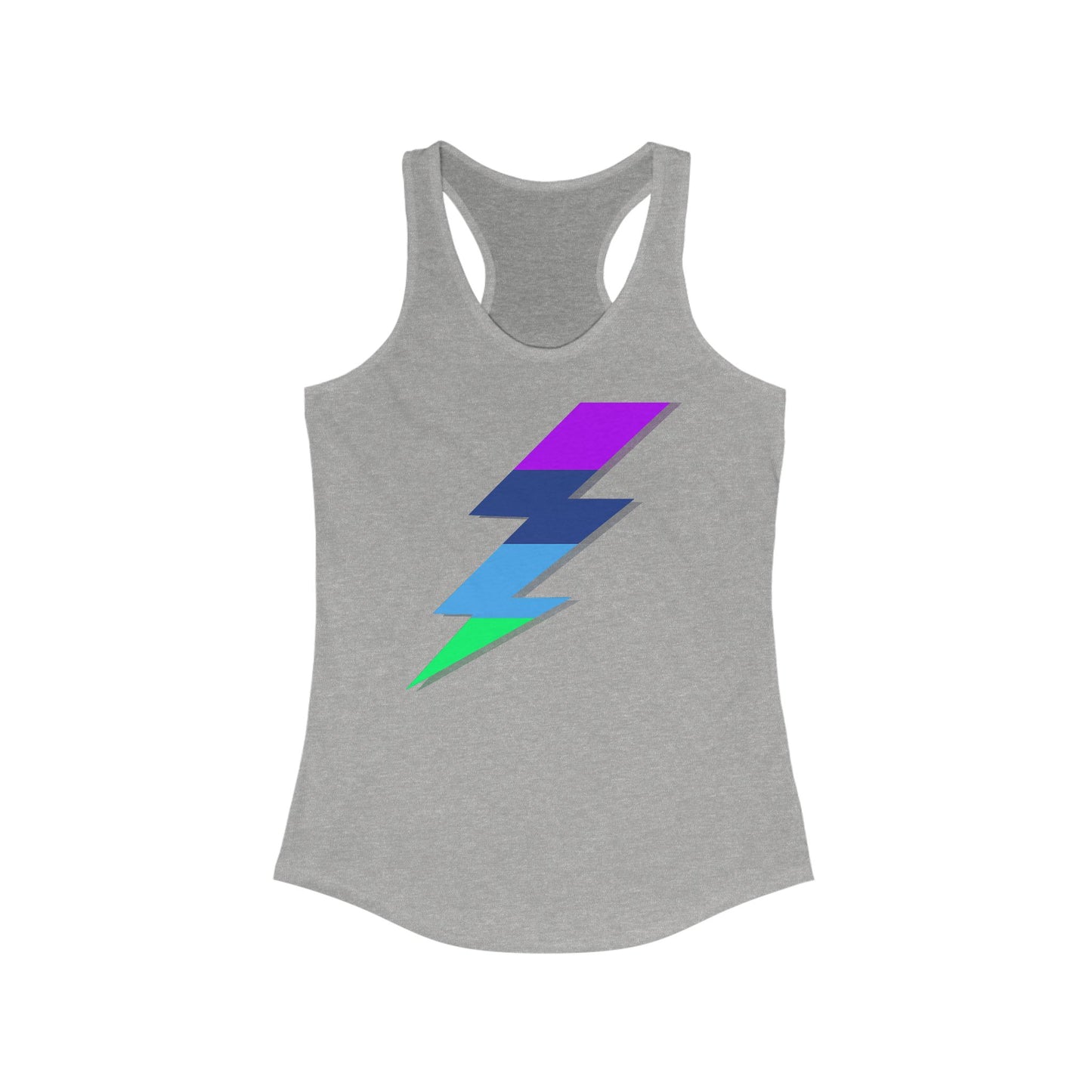 Heather gray racerback tank top featuring a bold, multicolor lightning bolt graphic in purple, blue, and aqua on the front.