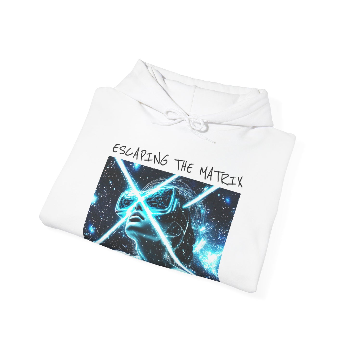 White hoodie with graphic design and text 'Escaping the Matrix' on a white background