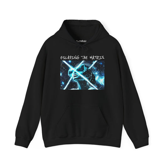 Black hoodie with graphic design and text on a white background